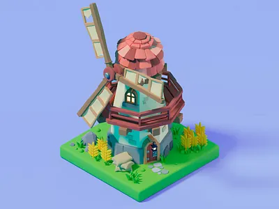Cartoonish 3D Model of Windmill House 3d 3d abstract art 3d art 3d artwork 3d design abstract design blue palette cartoonish style clean colorful floral elements game asset house isometric low poly miniature rural warm colors windmill windmill house