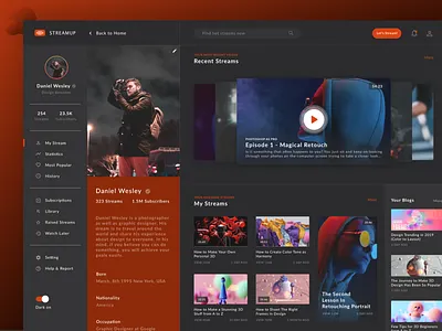 Daily UI - Day #006 - User Profile - Dark Theme daily ui design sketch streamer streaming app ui interface uiux design