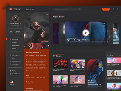 Daily UI - Day #006 - User Profile - Dark Theme daily ui design sketch streamer streaming app ui interface uiux design