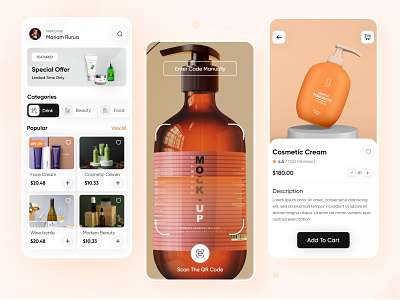 Scan Products Shopping App Design 2023 adobe xd amazing design amazing ui design ecommerce app figma figma file for practice figma ui design illustration mobile app design mobile app ui orange scan app scan product app scan product to buy scan to shop shopping app ui design uiux ux audit