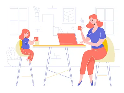 Mom and Daughter character daughter family girl hero image illustration laptop mother room