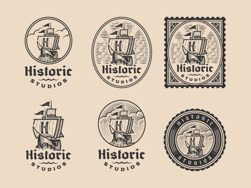 Historic Studios pt.II badge branding engraving etching graphic design icon illustration illustrator line art logo logo design peter voth design responsive branding sailing ship vector vintage