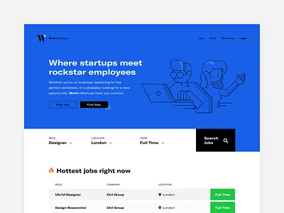 WorkinStartups app branding character colorful colourful fffabs fortnight hiring icon illustration jbdotco jobs jobsite logo playful typography ui ux web website