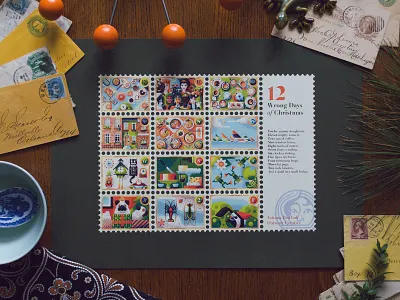 12 Wrong Days of Christmas Print cheese clocks coffee doughnuts frogs illustration lobsterstudio print pugs quail ramen sailboats stamps texture women