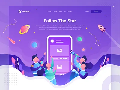 Starbeat Header Illustration - Follow The Star city community compete connect header homepage illustration interaction landing page photo purple social media space website