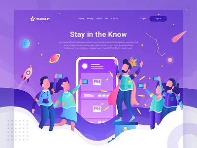 Starbeat Header Illustration - Stay city community compete connect header homepage illustration interaction landing page photo purple social media website winner