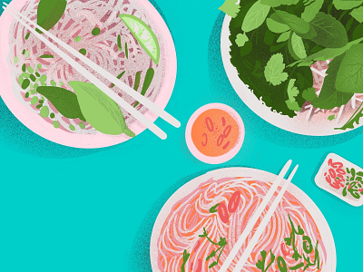 Pho Dinner adventure asia chile flavor food food illustration green herbs illustration overhead pho procreate spice spicy street food table top travel vietnam vietnamese