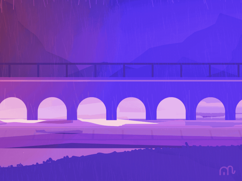 Train Journey 2d animation branding breeze bridge character colours cool design drizzle explainer video illustration illustrations india lighting rainfall track train vector