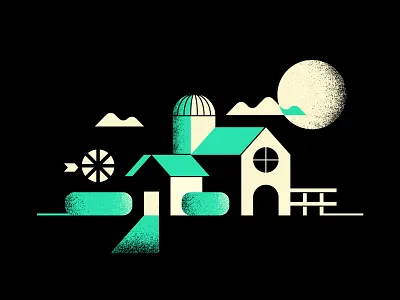Farmhouse bushes clouds dark farm house moon night rural silo windmill
