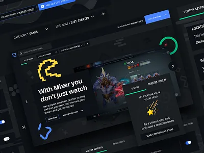 Streaming platform browse categories controls dark interface emoji gaming hero interaction landing page login packman platform streaming tabs user experience user inteface video visitor