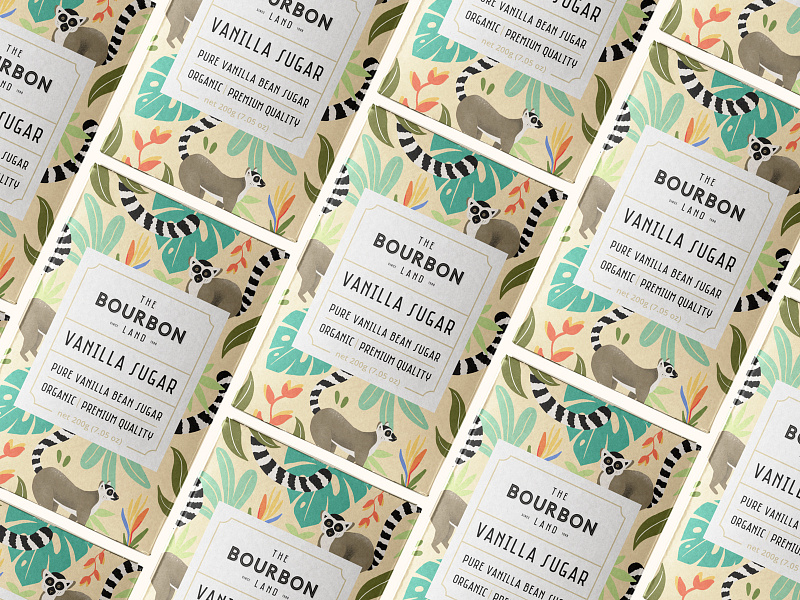 The Bourbon Land - Vanilla Sugar - Packaging animal cafe branding caffè coffee drawing farm identity illustration ipadproart label and box design leaves lemur logo organic food packaging design pattern art procreate art sugar tropical vintage