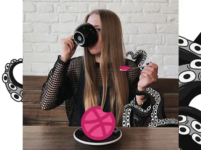 Tentacles hold the hand with a spoon. Dribbble dessert art coffee coffee house cup design dessert dribbble illustration photo photo art spoon tentacles vector