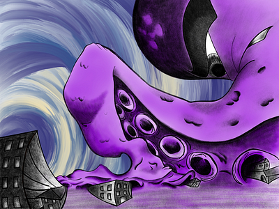 The revenge of the octopus art cartoon character city color creative dark drawing fish illustration procreate purple sea