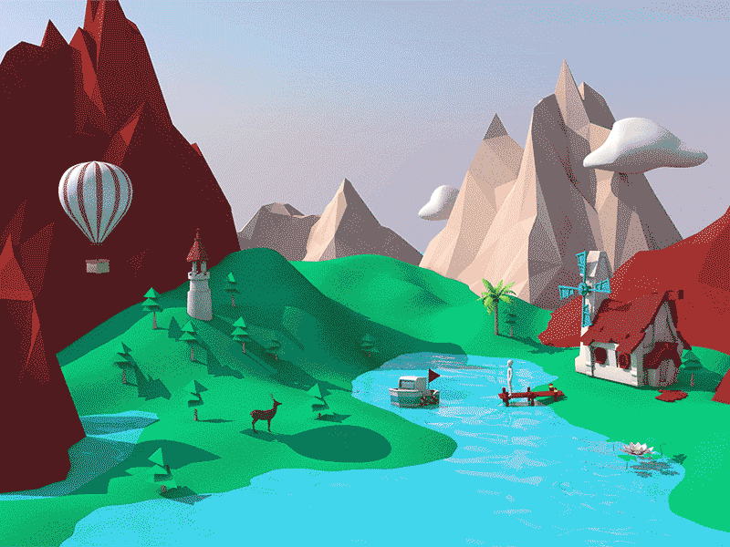 Cinema 4d software learning cinema 4d cloud deer gif hone house lowpoly mountain river tree village