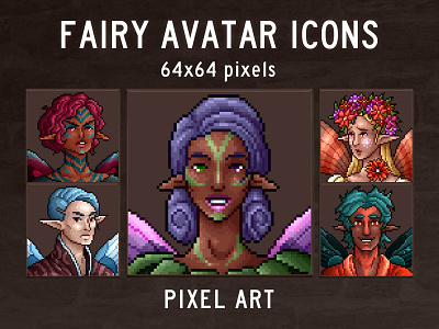 Fairy Avatar Icons 64×64 Pixel Art 2d 64x64 asset assets avatar fairy fantasy game game assets gamedev icon icons indie indie game mmo mmorpg pixel pixelart pixelated rpg