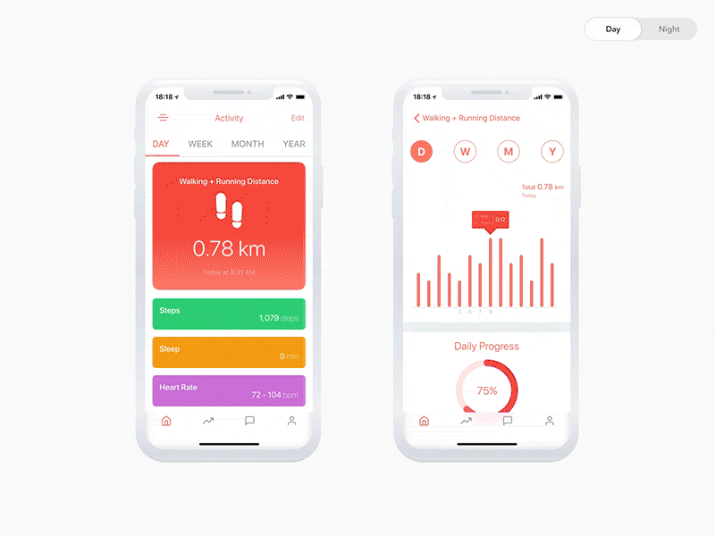 Day Vs Night Mode Fitness App animation animation app app animation concept dark mode day vs night light mode light vs dark motion motion blur motion design night mode switch mode switch theme transition