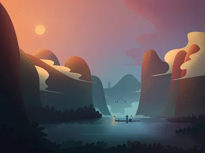 Cormorant fishing at sunset boat chill china cormoran design art evening fireart fireart studio fishing illuatration landscape mountains photoshop sunset