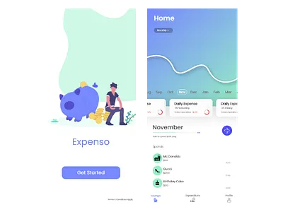 Expenso - MoneyTracker adobe adobe animate adobe xd android android app android app design android app development animation app button design get started graph illustration money nav bar tracker ui ui ux user xd