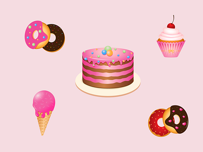 Sweet desserts (icons) ado adobe illustrator cake cherry chocolate colorful creative cute deserts donuts glaze graphic design hurts ice cream icons muffin pink red sweet tasty