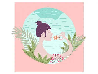 Spring floral flowers illustration leaves smell spring vector woman woman portrait