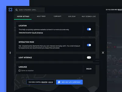 Live game streaming platform : Menu & Options contact dark interface gaming platform help interaction language light interface menu options settings ui slide menu tabs toggle switch user settings website