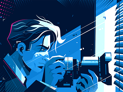 Detective with photocamera camera character detective digital flat illustration kit8 man photo spying vector