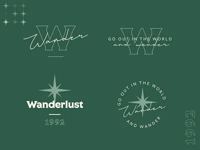 Wander. badge brand mark branding design emerald green icon illustration lock up logo logotype logotype black white creative script star starburst typography vector wander wonder wonderlust