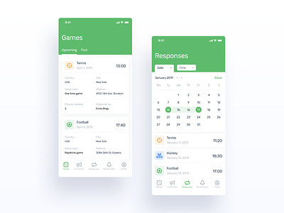 iPhone X - Manrim App UI (Games, Responses) app date football games green green app hockey ios iphone mobile sport team tennis time