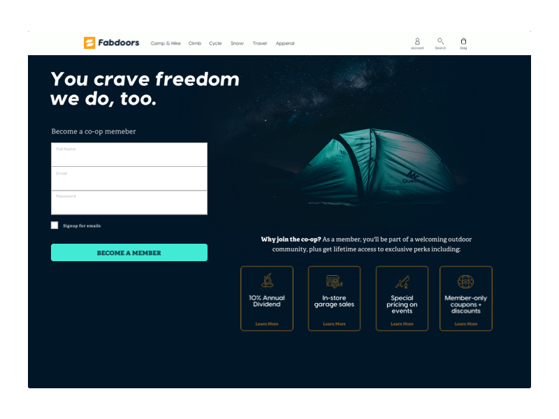Sing Up Page cards ui design ecommerce form field landing page outdoors shopping signup signup form signupform ui