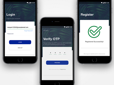 Emarat App android app auto design direct interaction login material message mobile otp pattern register signup successful ui verificaiton