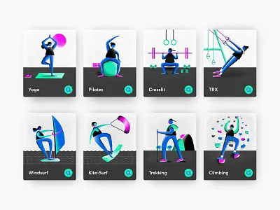 Fithabits | Illustrations activities brand identity branding character character art character design climbing crossfit design fitness illustration illustration art pilates trx water sports yoga
