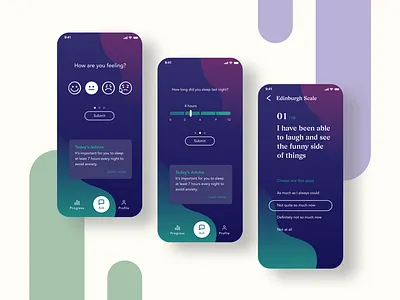 Postpartum Symptom Tracking Mobile App for New Moms baby caring dark background design feminine feminine design healthcare healthcare app mobile app mom motherhood night mode postpartum tracker ui ux ui ux ui design visual women