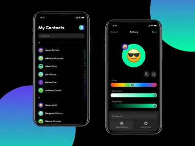 Happy Contacts app appstore contacts dark dark mode design download drawer emoji gradient ios list minimal ui