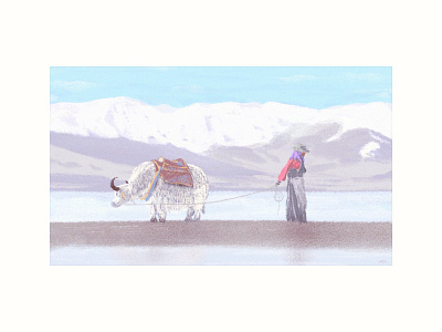 牦牛牧人与湖 插图 设计