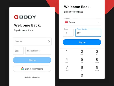 Xbody | Signup / Login choose country dailyui dropdown form form field form fields intro keyboard login login box logout minimal register signup social splash sport ui ux workout