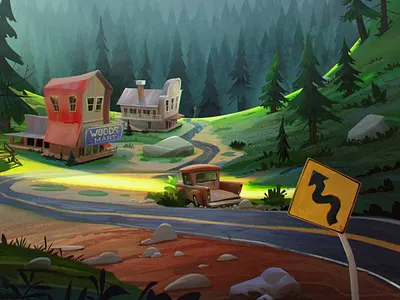 Into the woods cartoon countryside environment forrest ghost town pines road sign summer woods