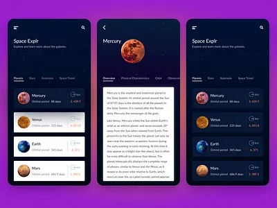 Space Explr App app asteriods design app earth education app figma figmaafrica figmadesign galaxy mars mercury mobileappdesign planets space space exploration starship ui ux venus