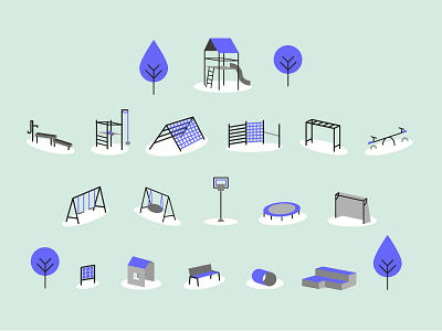 Playground Equipment Illustration bench design illustration illustrator info graphic play play tower playgound seesaw slide sport swing tree vector