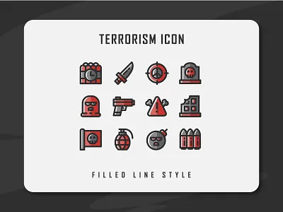 Terrorism Icon Set app branding design filled line filled outline flat icon icon a day icon artwork icon set illustration logo minimal terror terrorism terrorist ui ux vector web