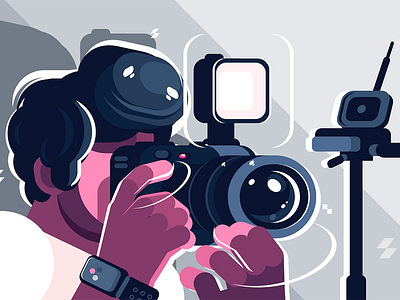 Photographer on studio fashion camera character equipment flat illustration kit8 man photographer professional studio vector