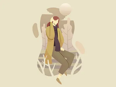 A Girl branch cold flat girl illustration minimalist moon people ranch sitting spring trees winter