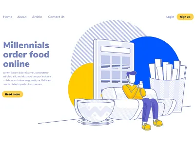 Illustration of millenial activity order food by online background business character concept delivery food gadget illustration linear millennial monoline outline smartphone technology