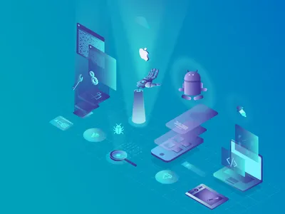 isometric illustration android appl backend concept design frontend illustration isometric robot ui wacom