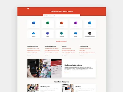 Office support landing page redesign fluent design office web design website