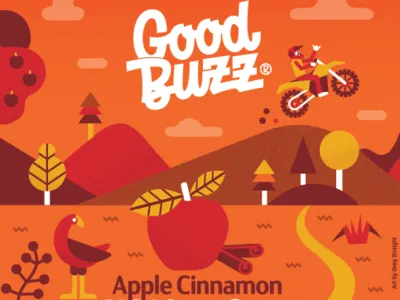 Good Buzz label rebrand apple illustration motorcross packaging