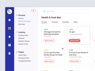 Todo Dashboard UI Design bala ux buttons card category clean daily todo dashboard menu menu bar minimal plus search sidebar to do todo todo app todoist todolist white white cards