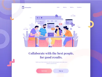 Kelompokku - Work Collaboration website character character design collaboration design flat design flat illustration fun gradient header illustration landingpage purple gradient team team work ui vector web website