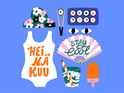 Swimming and sushi 2020 calendar 2020 colorful cool colors cute fan flat color friendly fun happy heat illustration july leena kisonen pastels scandinavian summer sushi sweet swiming