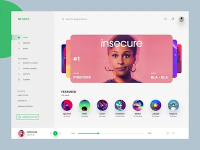 Musicly app dashboard gradient music player playlist radio slider songs spotify ui uiux ux web website
