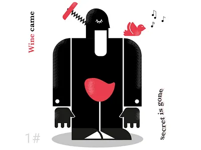 Wine came, secret is gone art bird black corkscrew design drink flat flat design food gossip illustration red red wine secret typography vector wine wine bar wine bottle